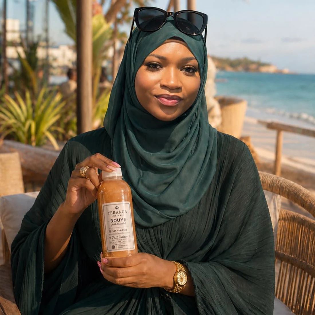 Zeynab Baldé, fondatrice et CEO de Teranga Délices, tenant une bouteille de Bouye